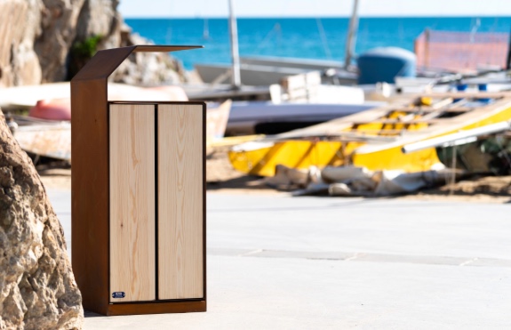 papelera Nero acero corten y madera pino autoclave